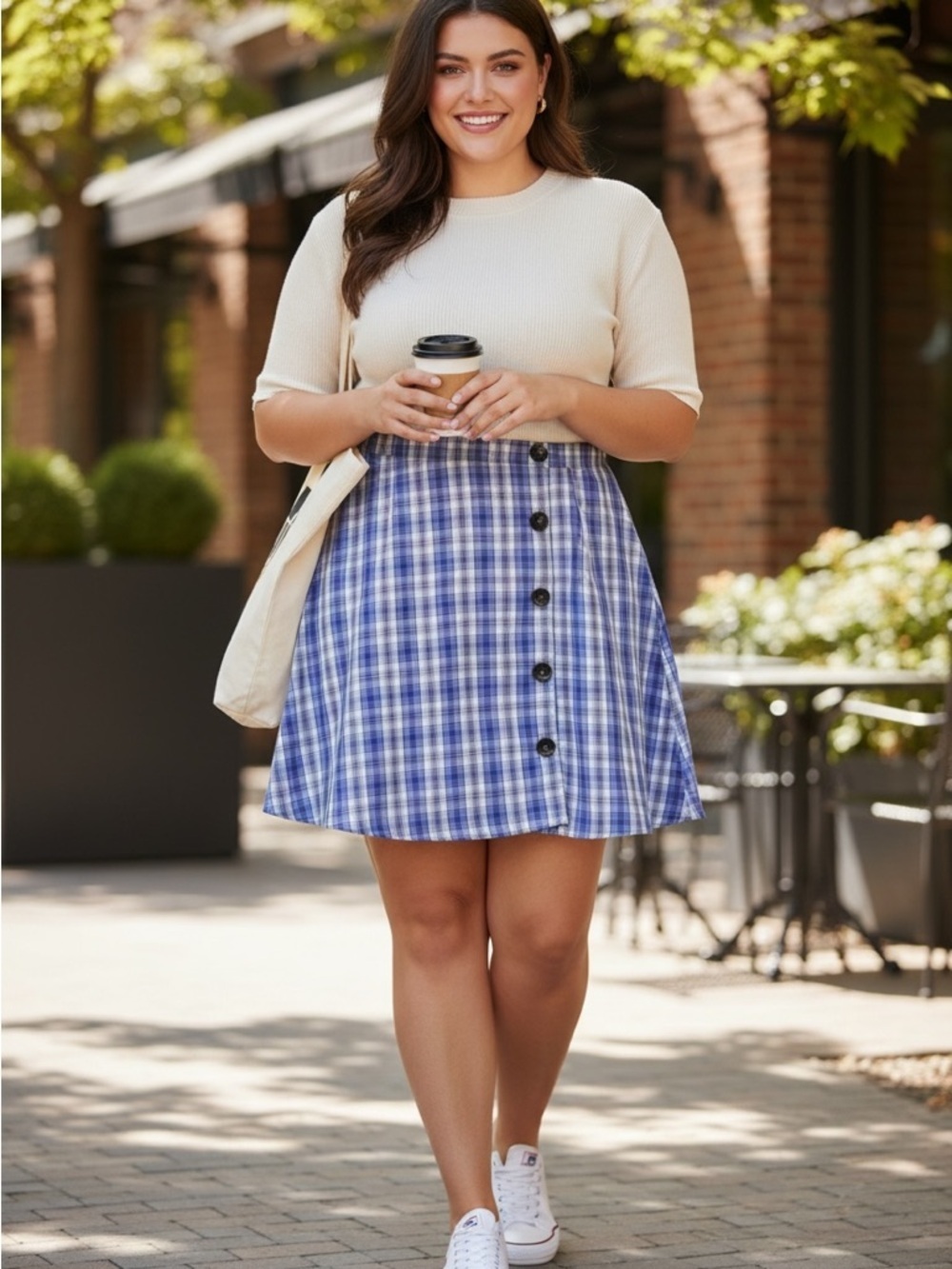 SHEIN Curves Purple Plaid High Waist Button Detail Short Skirt XL
